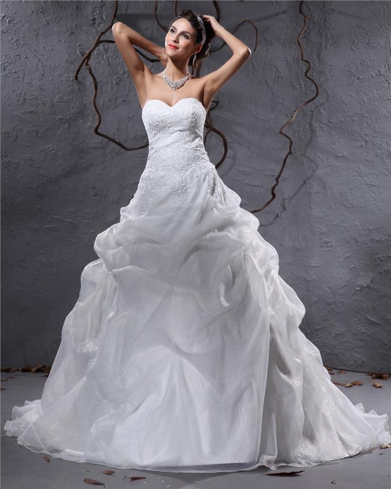 Elegant Organza Pleated Applique Sweetheart Floor Length Court Train Ball Gown Wedding Dress