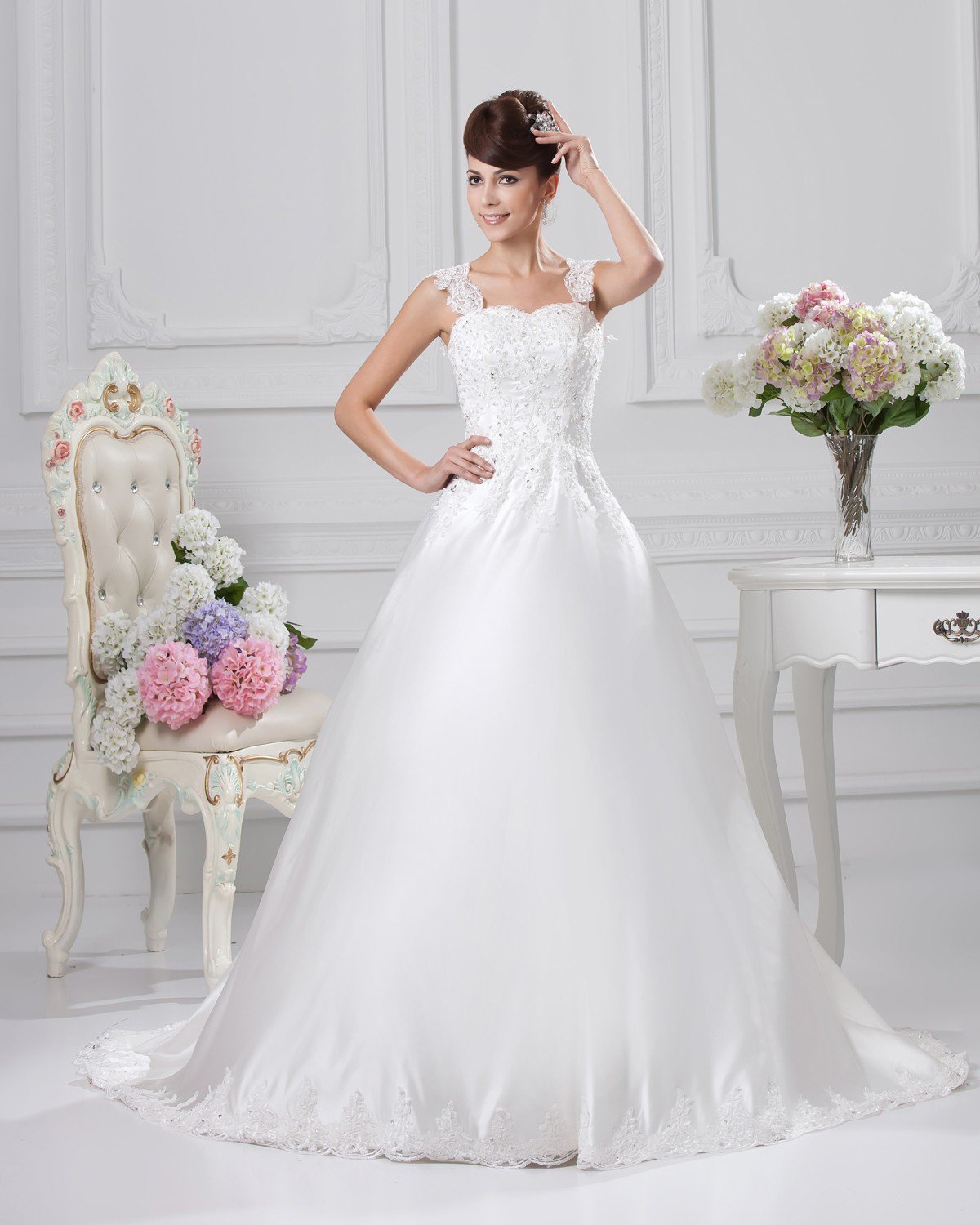 Square Floor Length Applique Beading Satin Ball Gown Wedding Dress