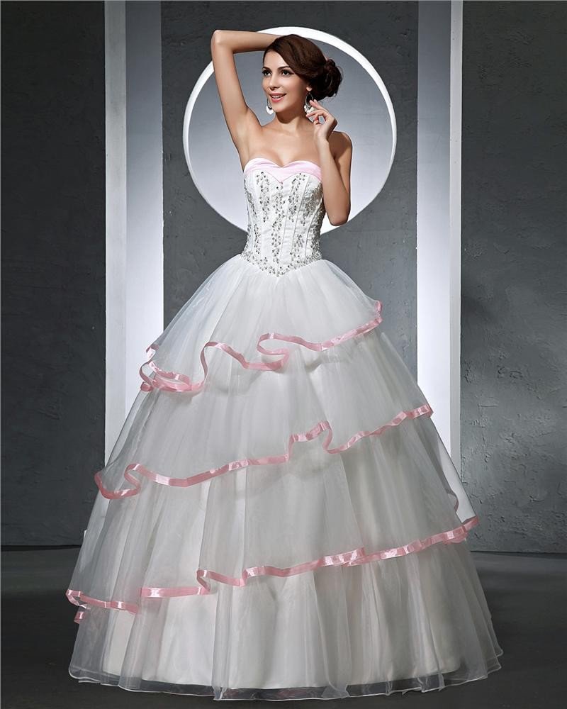 Sweetheart Beading Pleated Floor Length Satin Tulle Woman Ball Grown Wedding Dress