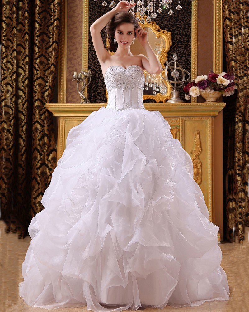 Satin Organza Beading Sweetheart Floor Length Ball Gown Wedding Dresses