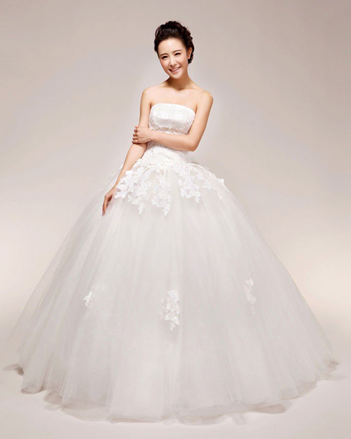 Graceful Applique Beading Strapless Satin Ball Gown Wedding Dress