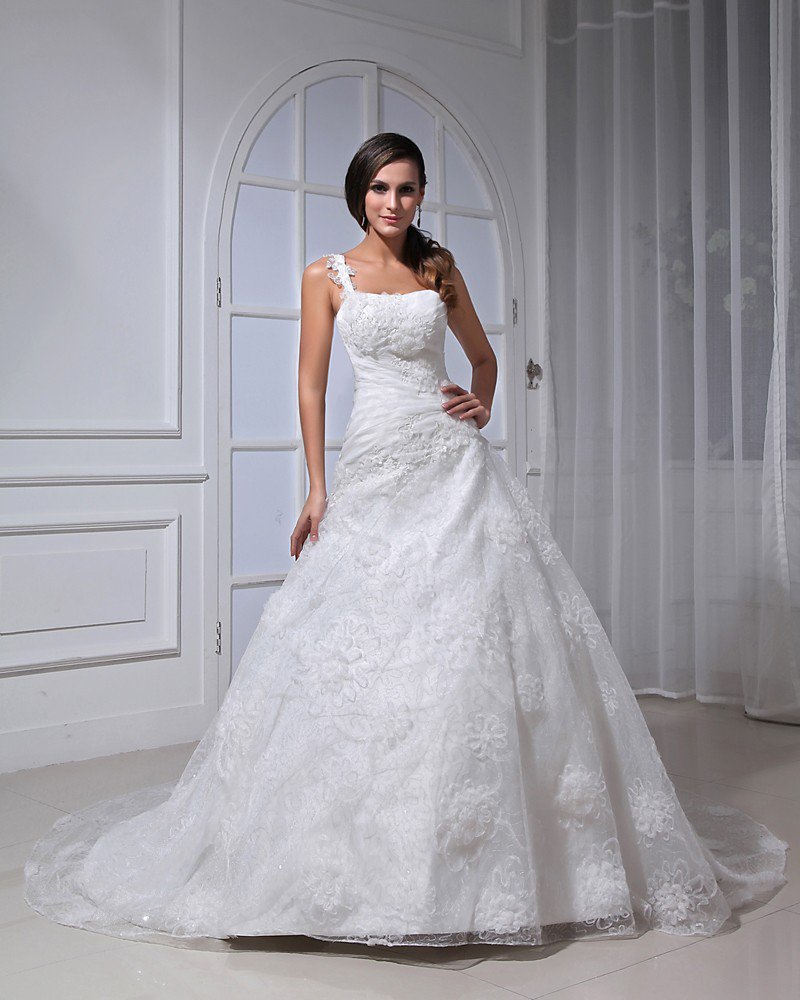 Satin Lace Ruffle Applique Floor Length Strapless A-Line Wedding Dress