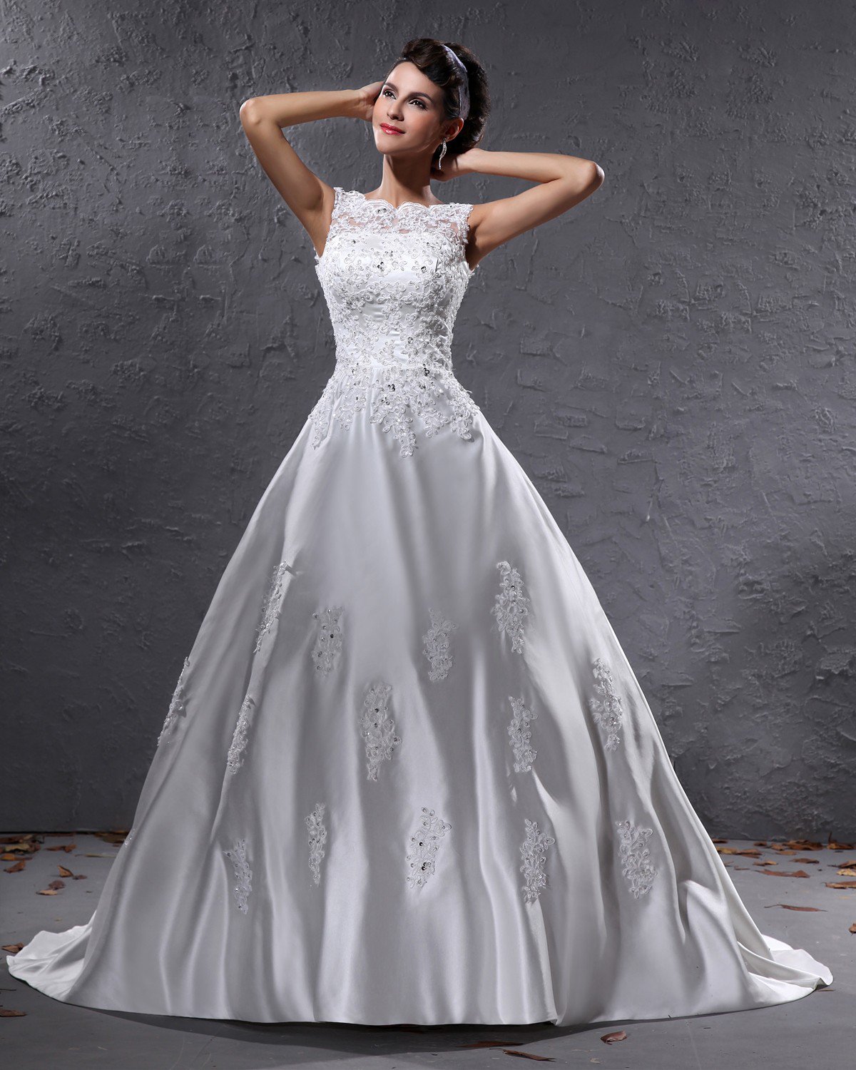 Elegant Satin Beaded Applique Bateau Floor Length Court Train Ball Gown Wedding Dress