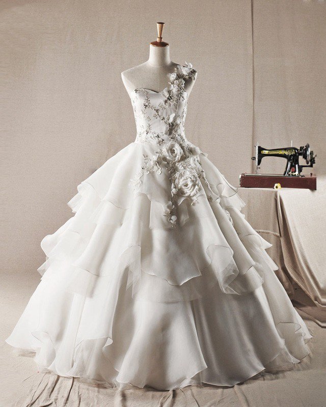 Sweet Ruffles Applique Beading One Shoulder Organza A Line Wedding Dress