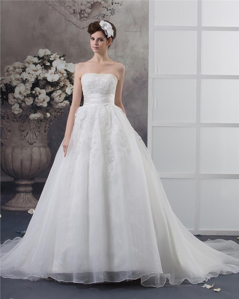 Strapless Beading Floor Length Satin Ball Gown Wedding Dress