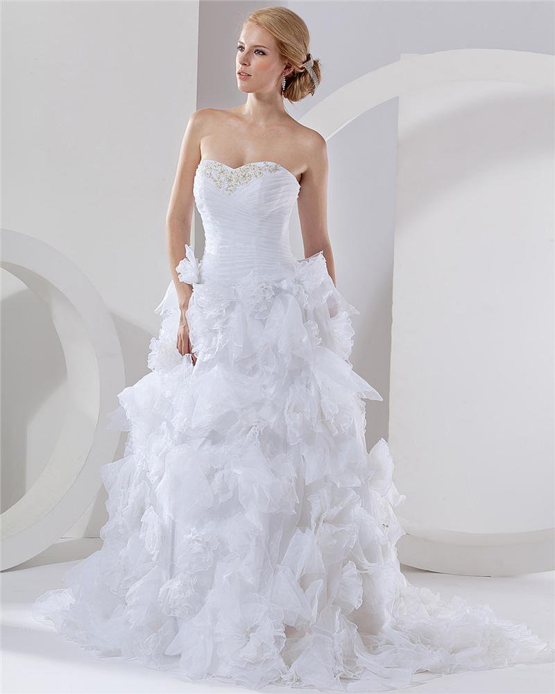 Satin Organza Applique Layered Sweetheart Cathedral Bridal Ball Gown Wedding Dress