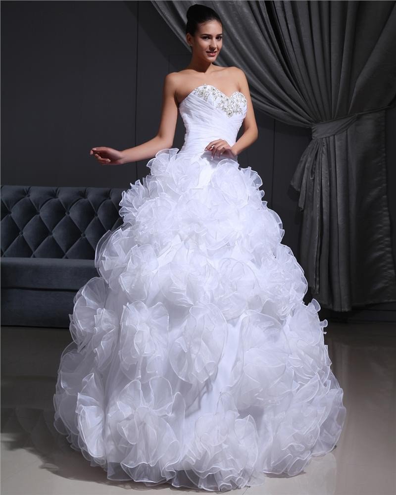 Organza Beading Hand Flower Sweetheart Floor Length Wedding Dresses