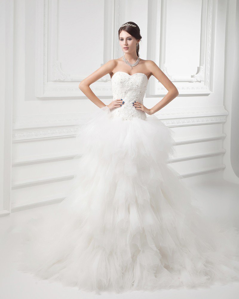 Tulle Applique Beading Sweetheart Court Train Tiered Ball Gown Wedding Dress