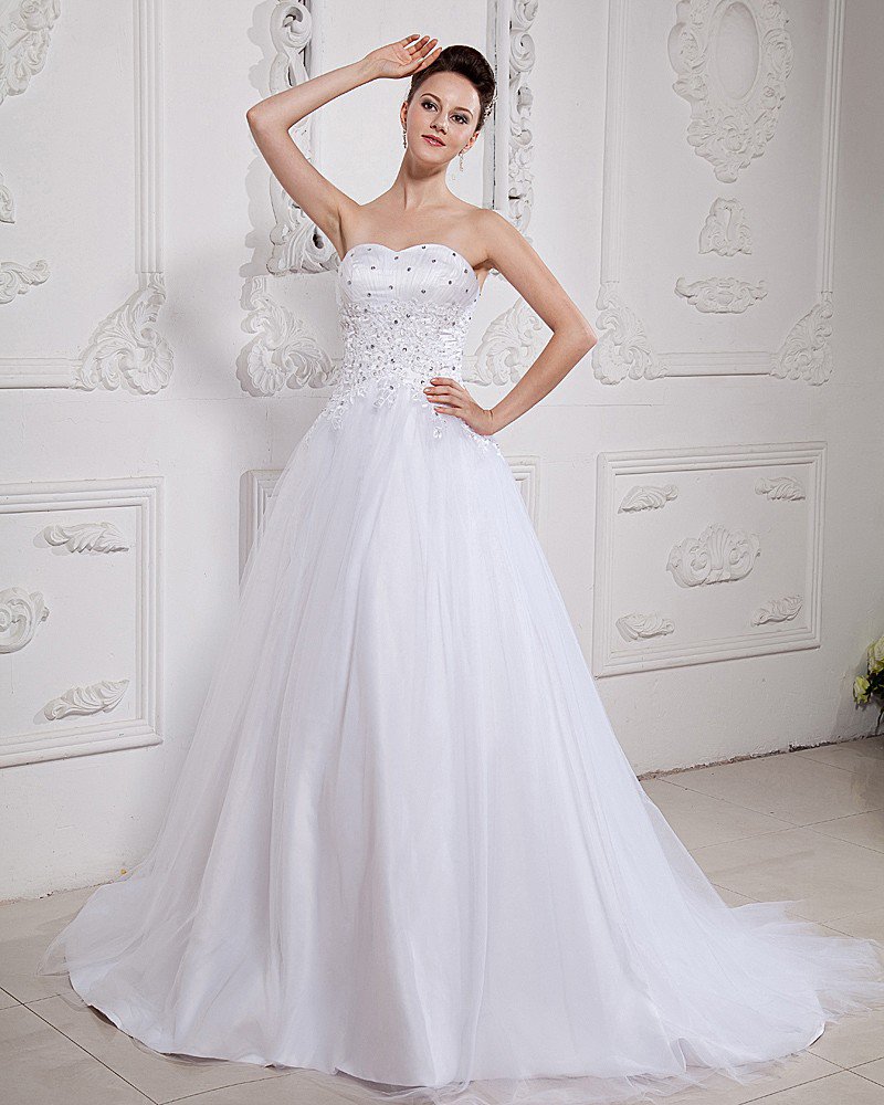 Satin Tulle Beading Chapel Strapless Bridal Ball Gown Wedding Dress