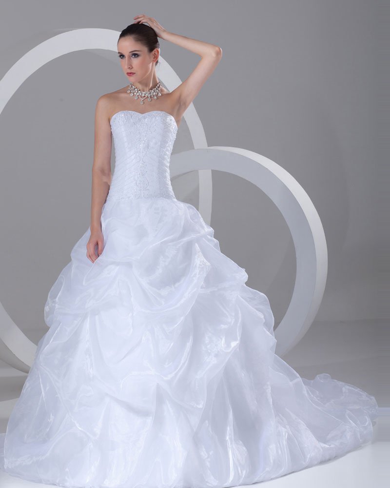 Organza Beading Ruffle Sweetheart Court Train Ball Gown Wedding Dress