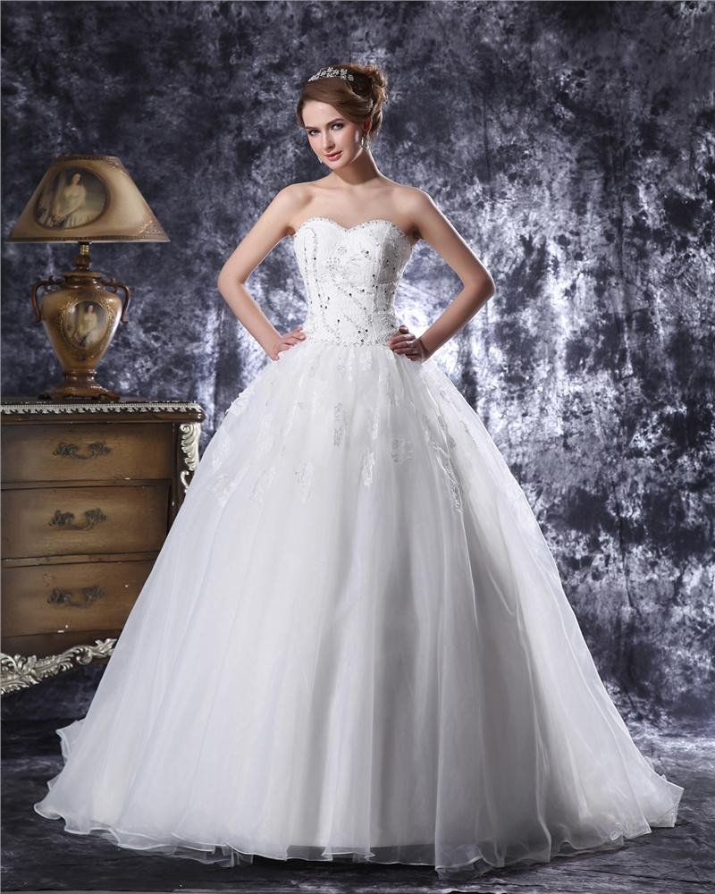 Sweetheart Floor Length Beading Paillette Organza Ball Gown Wedding Dress