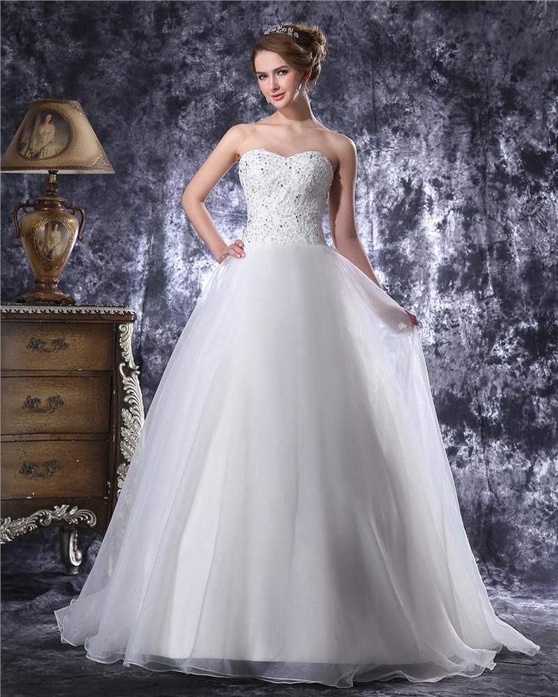 Sweetheart Floor Length Beading Applique Organza Ball Gown Wedding Dress