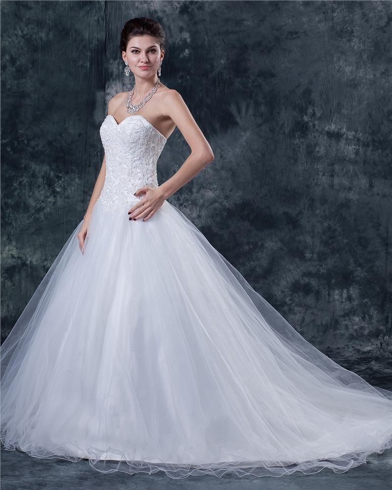 Tulle Satin Sweetheart Beaded Chapel Bridal Ball Gown Wedding Dress