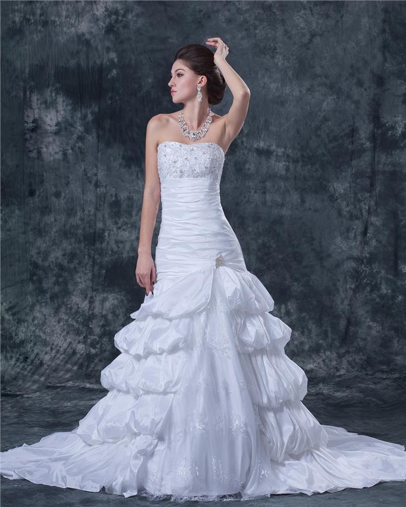 Beading Applique Ruffles Taffeta Lace Satin Sleeveless Strapless Cathedral Train Ball Gown Wedding D