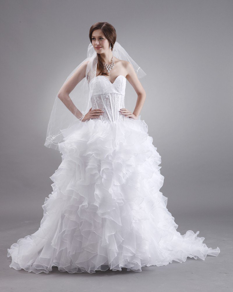 Sweetheart Organza Embroidery Ruffles Sweep Bridal Ball Gown Wedding Dress