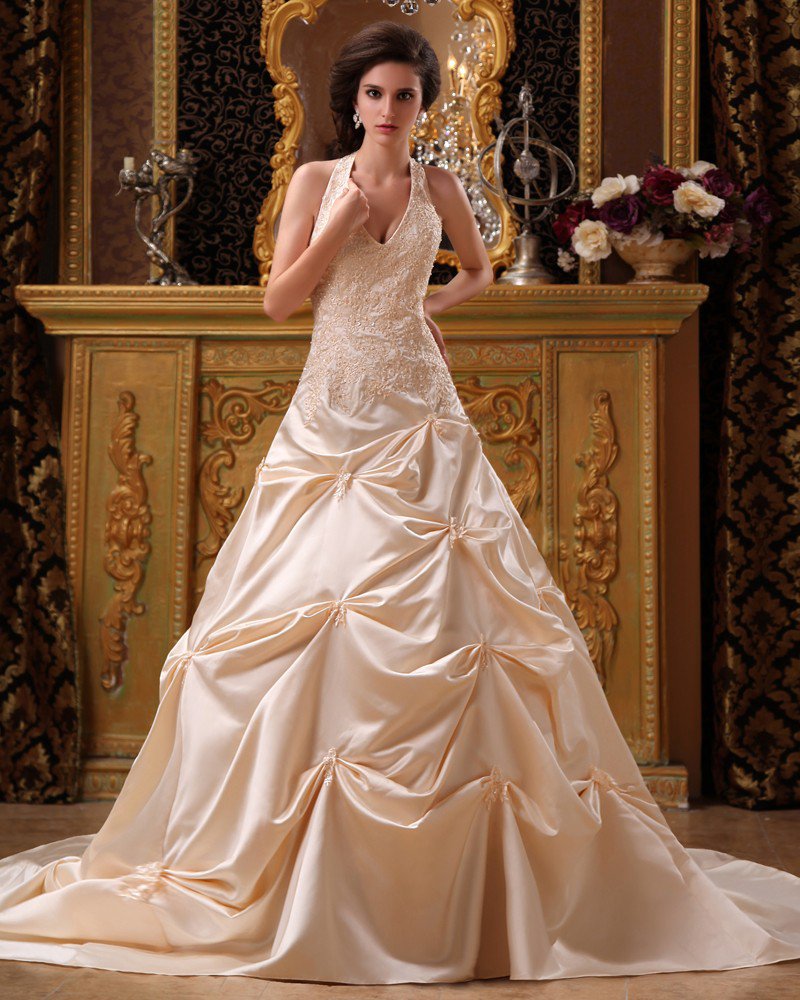 Satin Applique Beading Halter Chapel A-Line V-neck Bridal Gown Wedding Dress