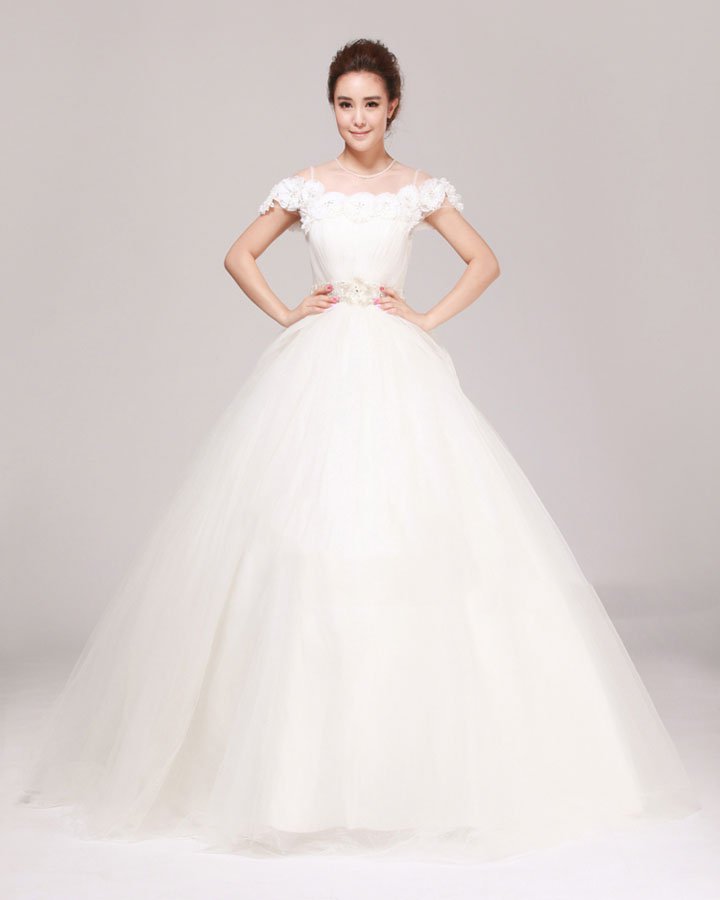 Jewel Rhinestone Ruffle Floor Length Tulle A Line Wedding Dress