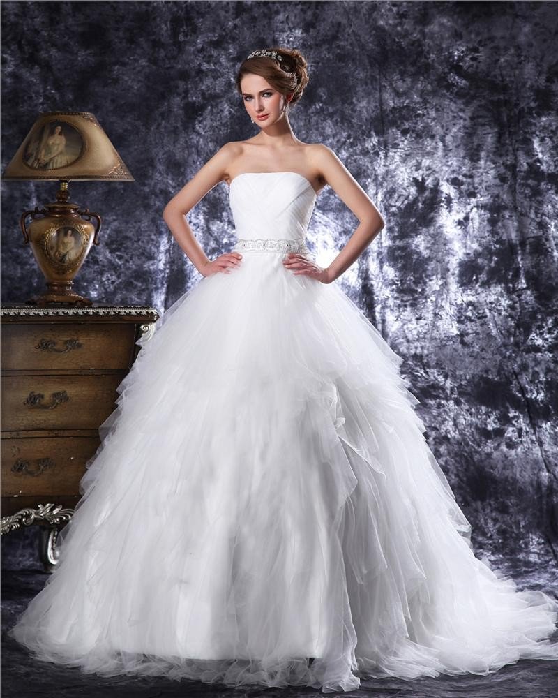 Strapless Floor Length Beading Pleated Tulle Ball Gown Wedding Dress