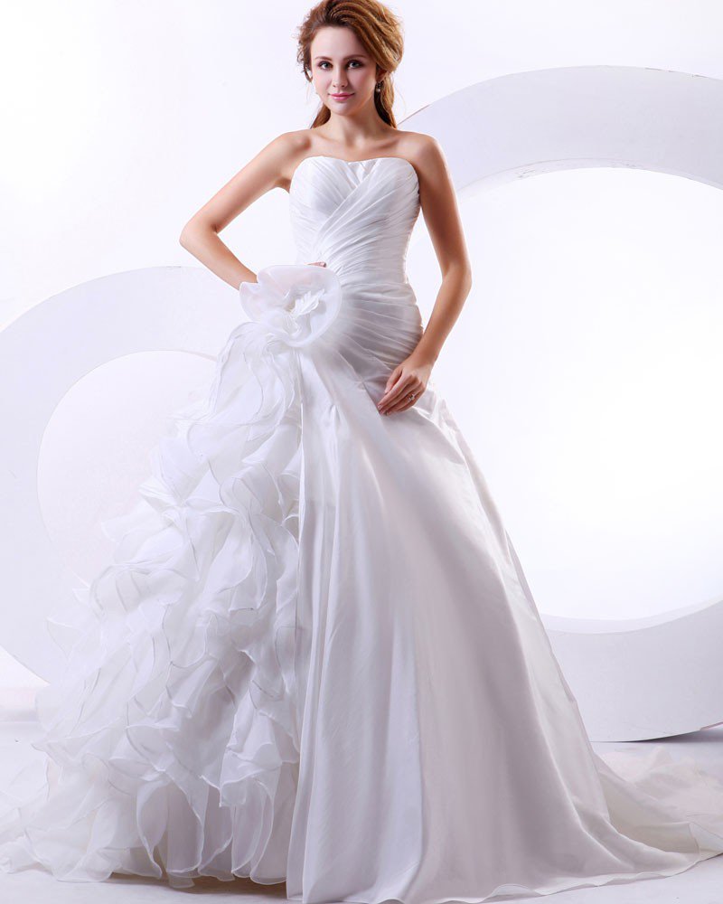 Satin Organza Flowers Ruffles Sweetheart Cathedral Train Mermaid Wedding Dresses