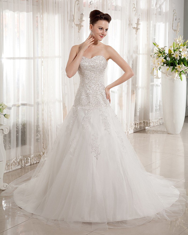 Beaded Sweetheart Chapel Train Bridal Ball Gown Wedding Dress