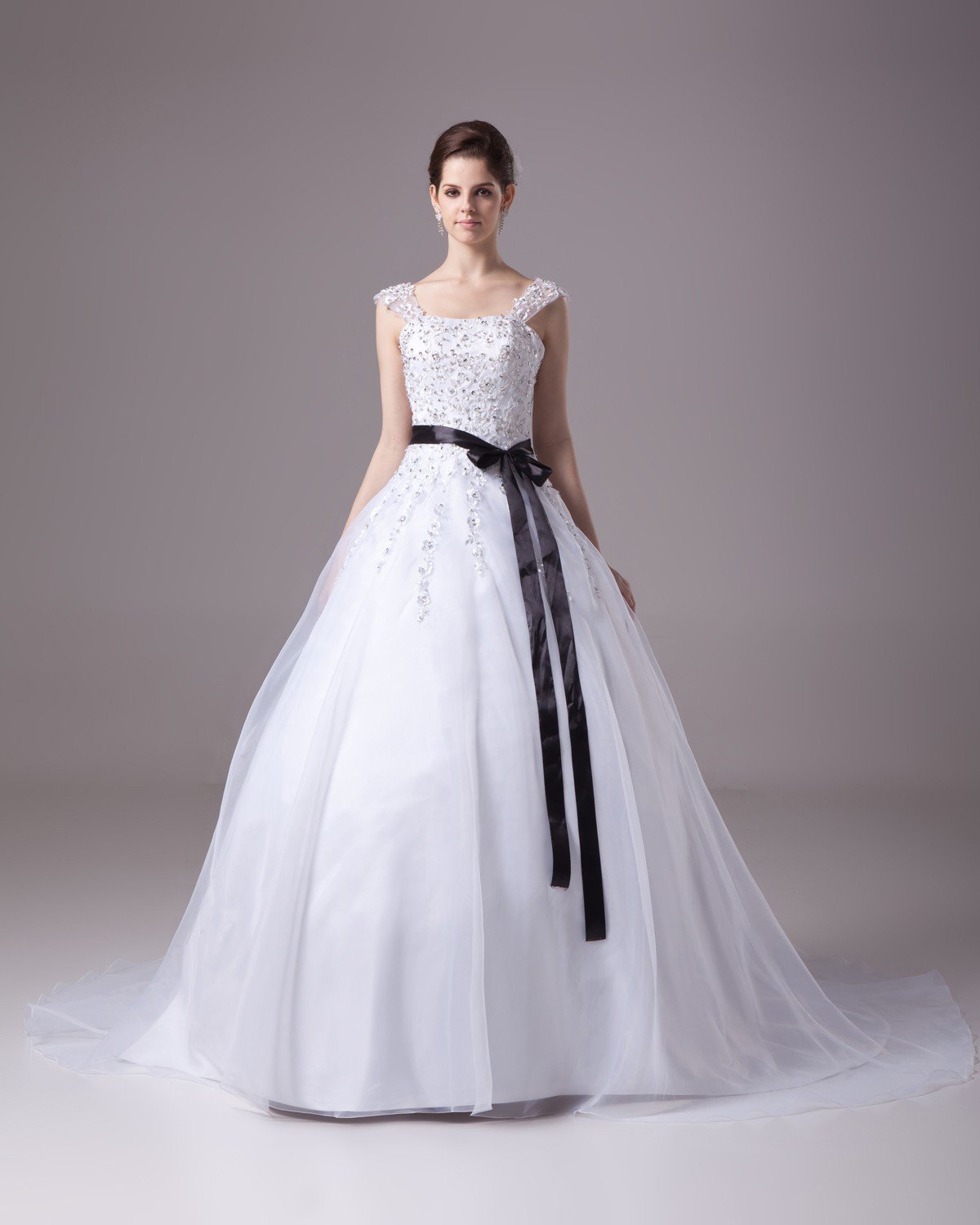 Square Floor Length Beading Applique Satin Yarn Ball Gown Wedding Dress