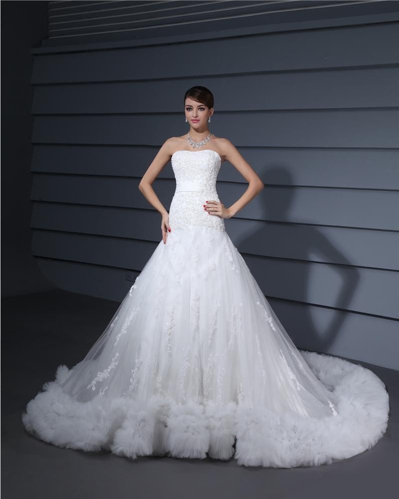 Tulle Satin Lace Flowers Beading Sweetheart Cathedral Train Mermaid Wedding Dress