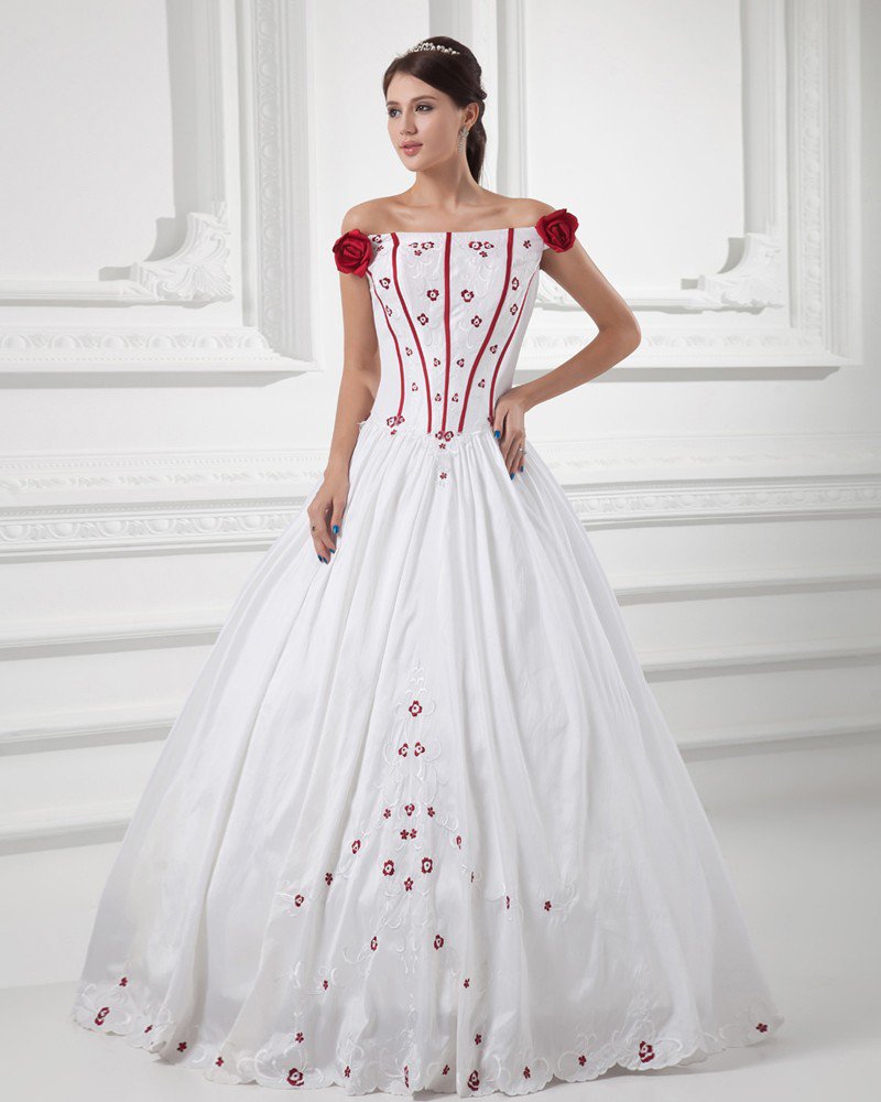 Satin Embroidered Off-The-Shoulder Floor Length Ball Gown Wedding Dress