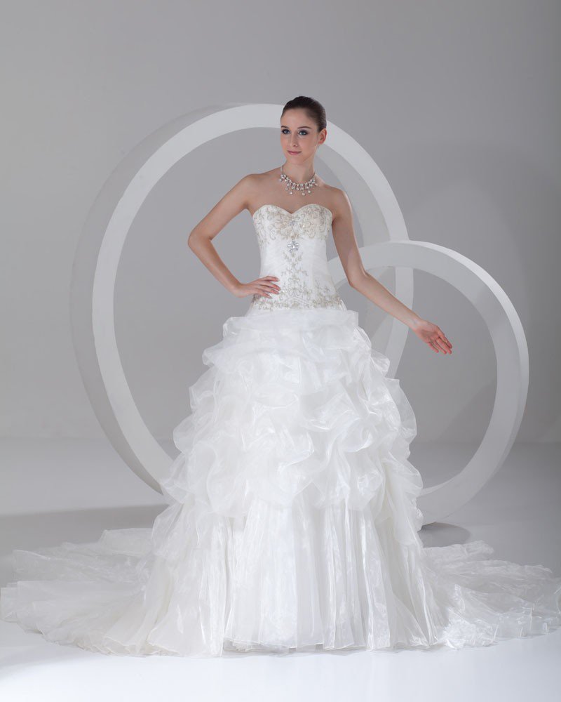 Organza Embroidered Beading Sweetheart Court Train Tiered Ball Gown Wedding Dress