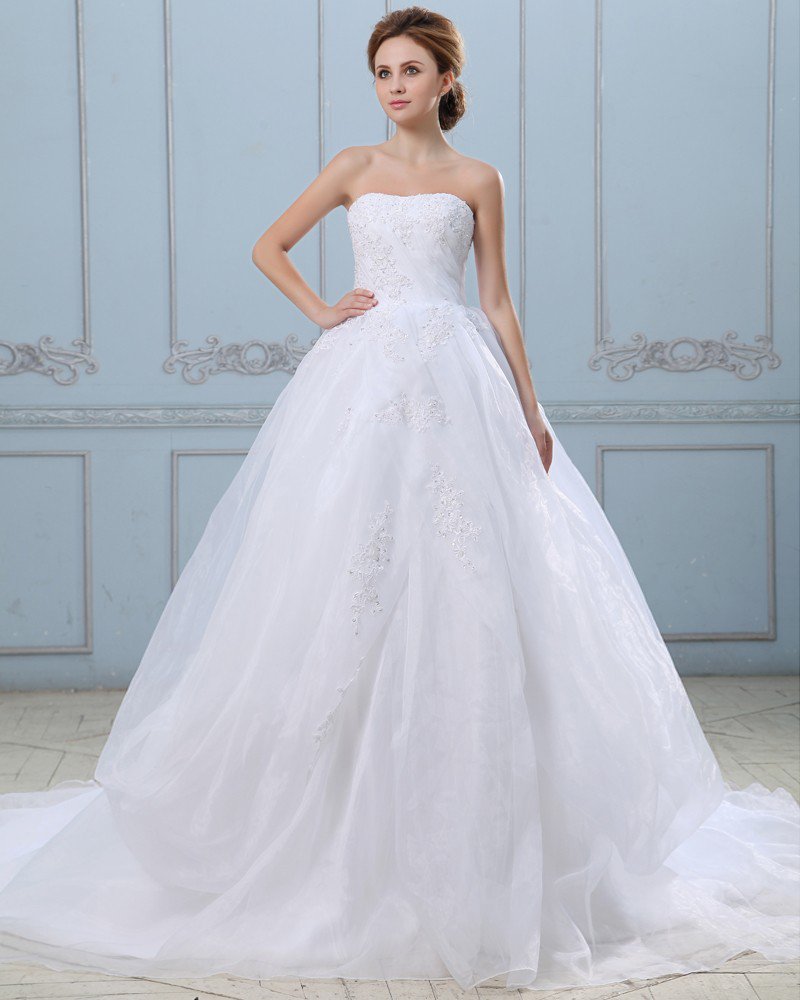 Appliques Strapless Zippered Satin Organza Ball Gown Wedding Dress