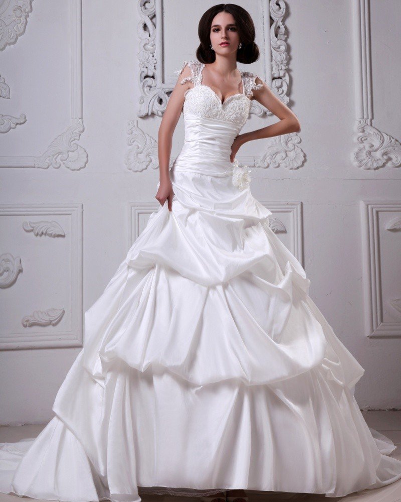 Stylish Satin Ruffle Beading Sweatheart Cathedral A-Line Bridal Gown Wedding Dress