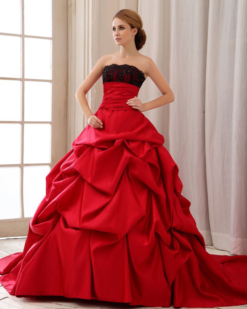 Elegant Ruffle Strapless Back Lace Up Court Train Satin Lace Ball Gown Wedding Dress