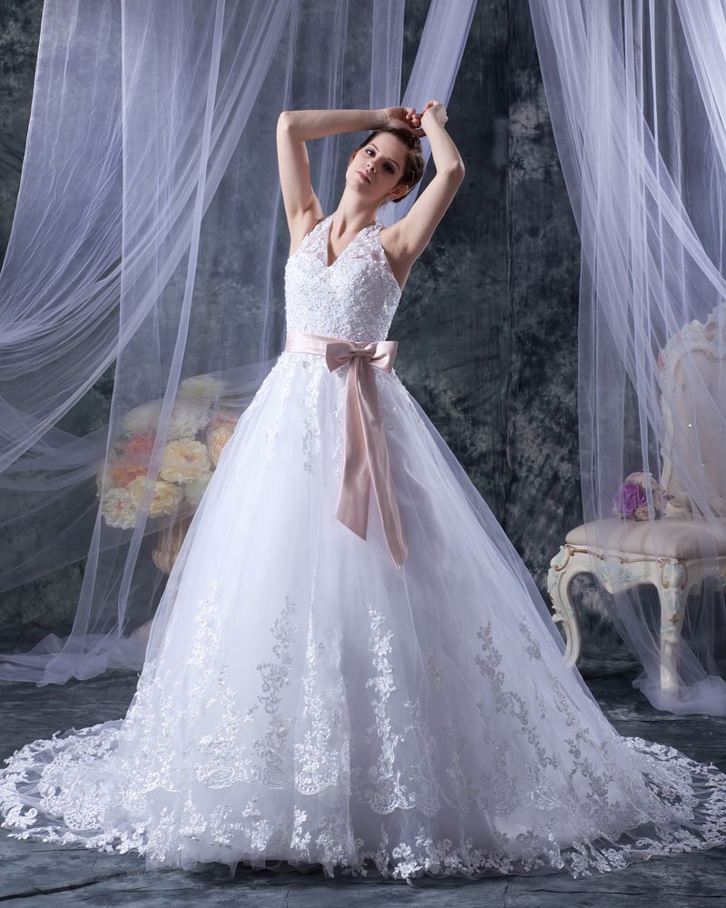 Satin Ribbon Lace Halter Sweep Bridal Ball Gown Wedding Dress