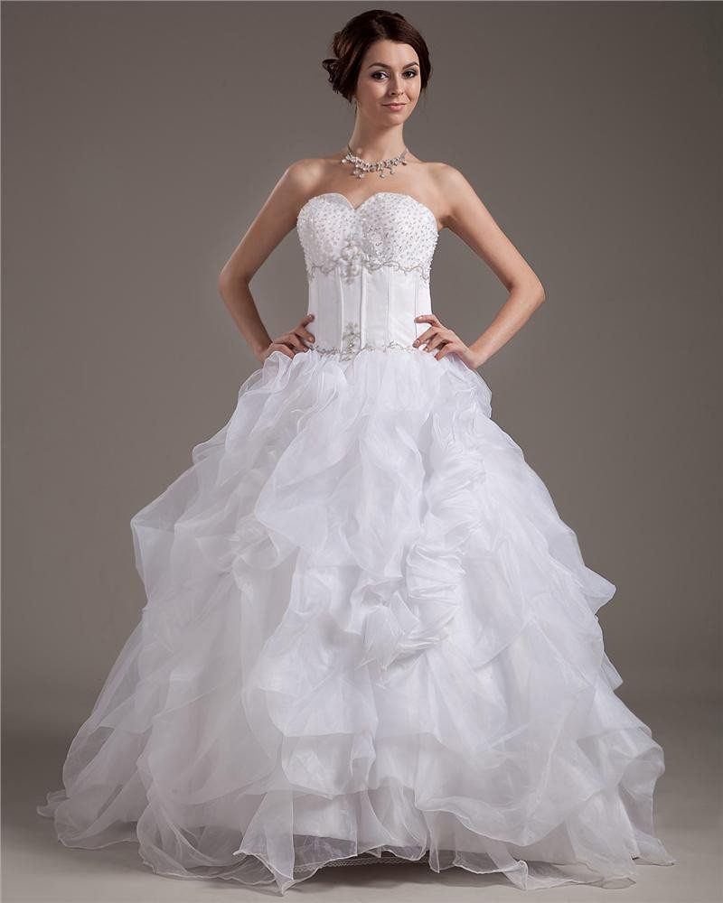 Beading Yarn Ruffles Satin Sleeveless Sweetheart Cathedral Train Ball Gown Wedding Dress