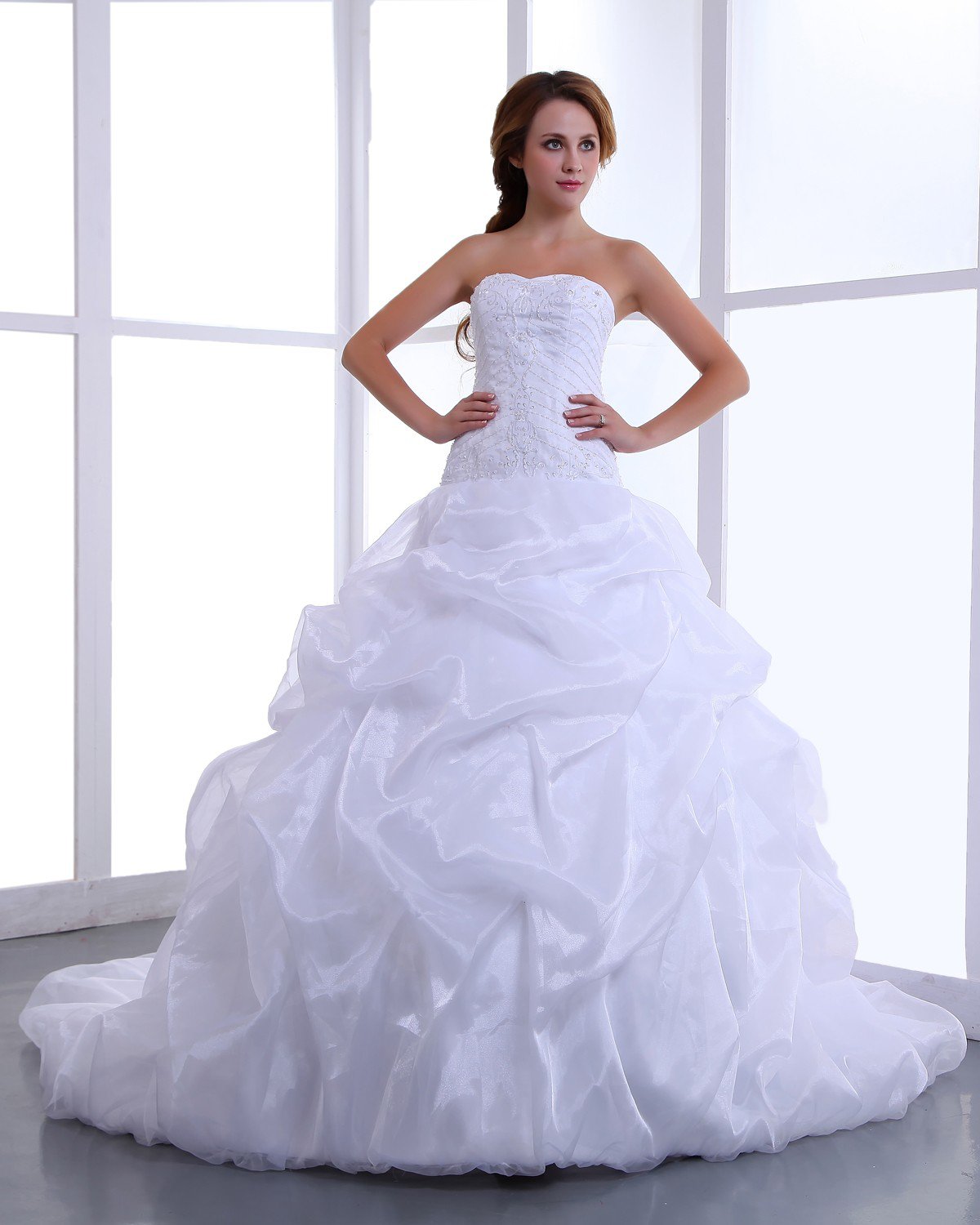 Charming Strapless Satin Taffeta Ruffle Beading Cathedral A-Line Bridal Gown Wedding Dress