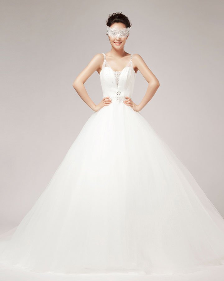 Shoulder Straps Rhinestone Ruffle Floor Length Satin Tulle A Line Wedding Dress