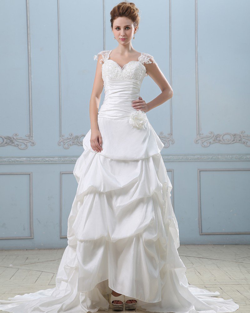 Applique Handmade Flower Sweetheart Lace Shoulder Taffeta Ball Gown Wedding Dress