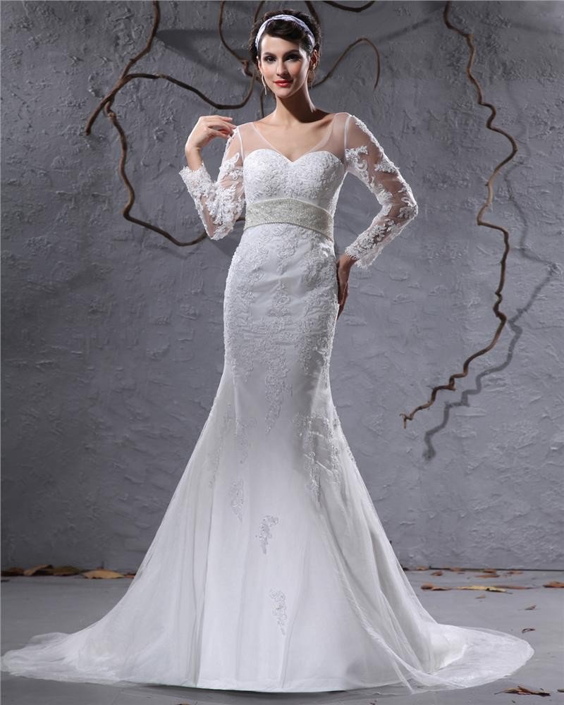 Elegant Satin Tulle Applique Beaded V Neck Floor Length Court Train Empire Wedding Dress