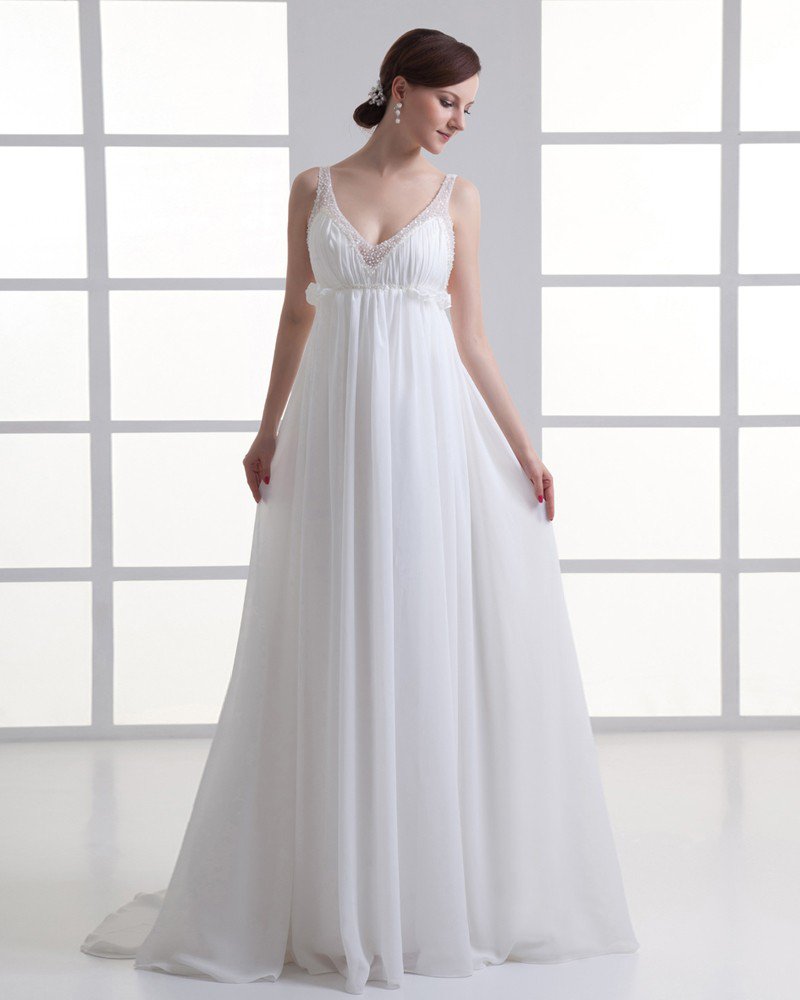 Chiffon Beading Ruffle V Neck Floor Length Pleated Empire Wedding Dress