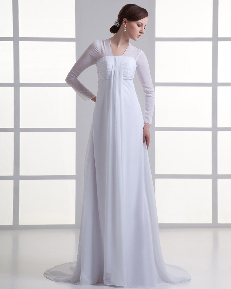 Chiffon Ruffle V Neck Court Train Empire Wedding Dress
