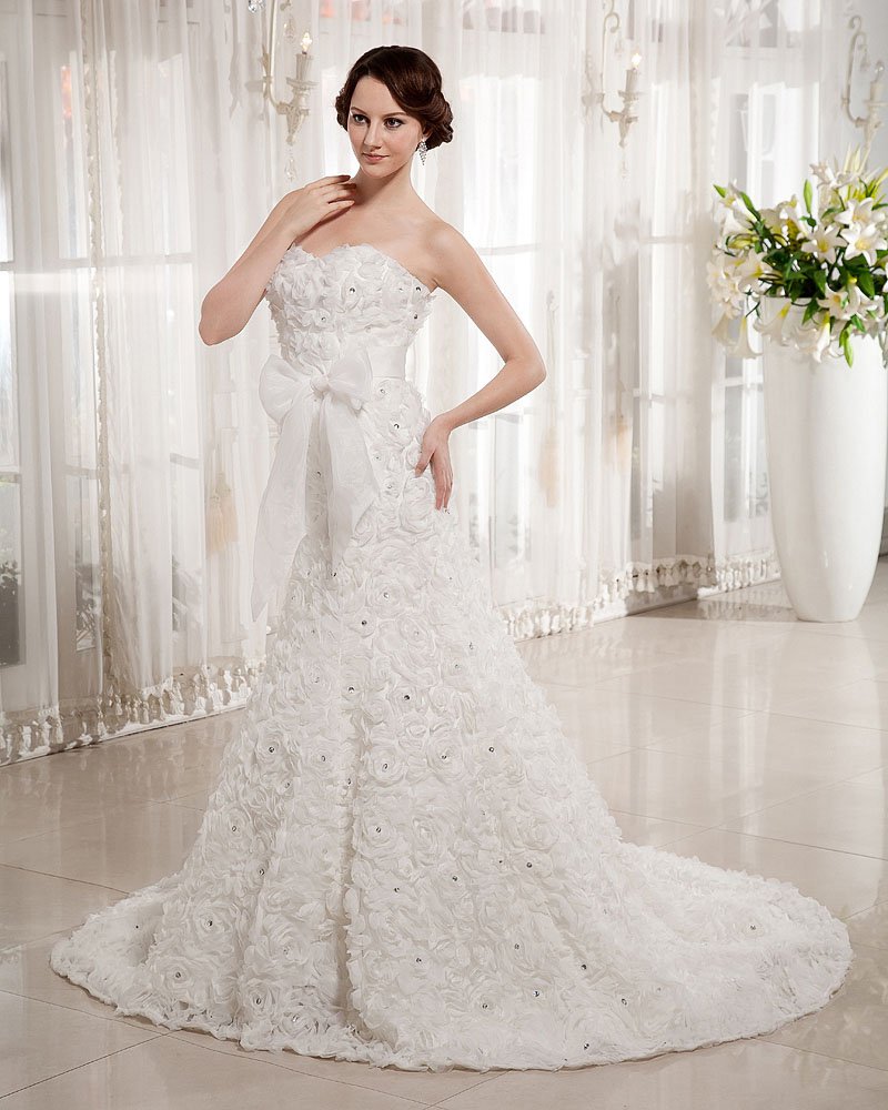 Applique Organza Flower Beading Sweetheart Chapel Empire Wedding Dress