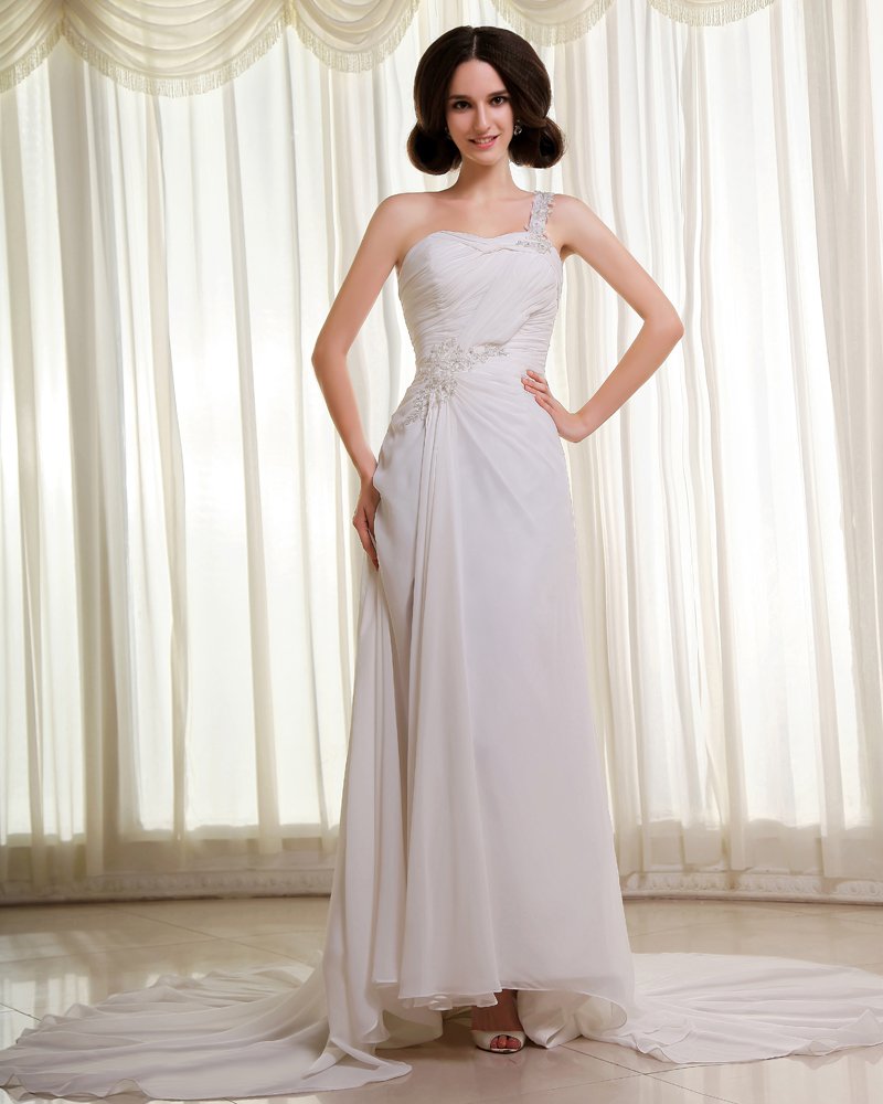Chiffon Beading Applique Ruffles Cathedral Train Empire Wedding Dresses