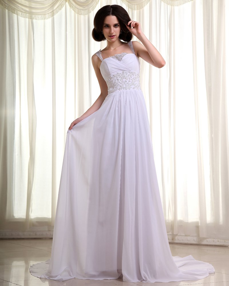 Chiffon Beading Pleated Spaghetti Straps Cathedral Train Empire Wedding Dresses