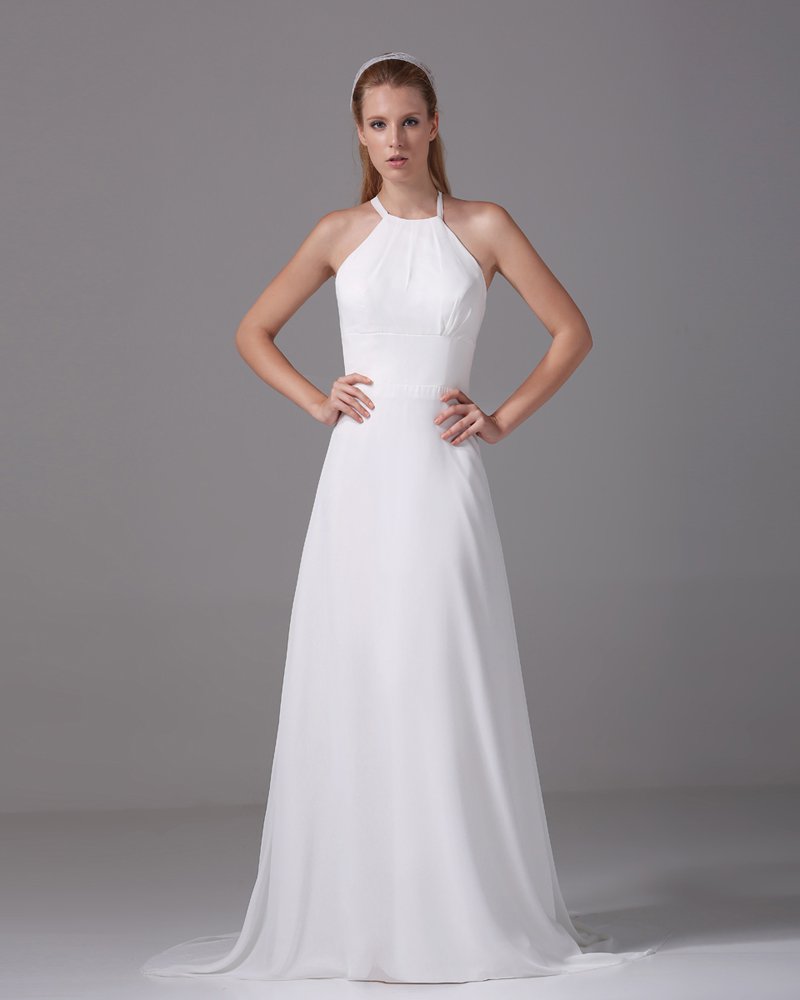 Elegant Halter Floor Length Pleated Chiffon Empire Wedding Dress