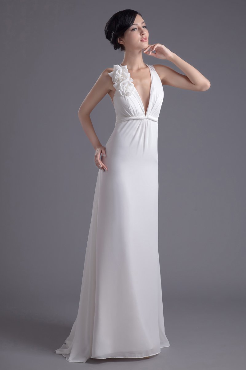 Fashion Chiffon Flower V Neck Floor Length Brush Train Empire Wedding Dress