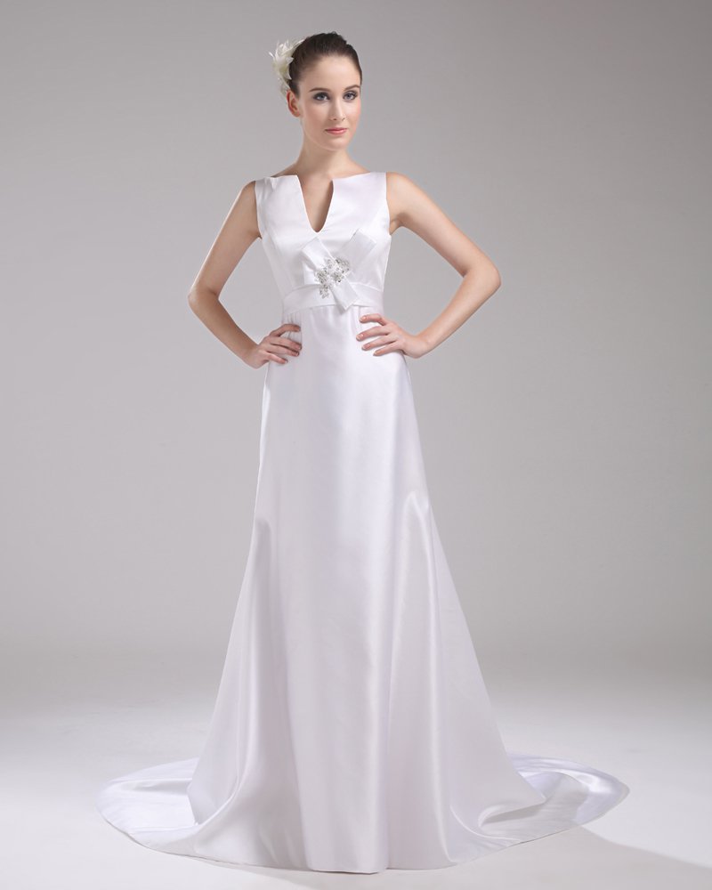 Fashion Satin Flower V Neck Floor Length Empire Wedding Dress