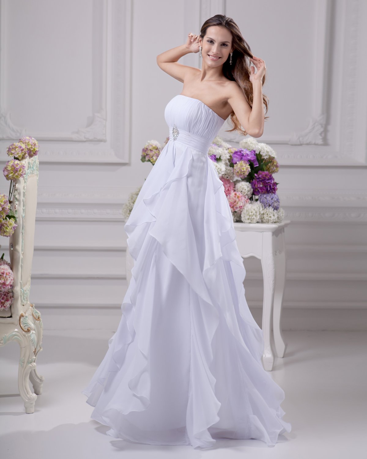 Floor Length Strapless Beading Pleated Chiffon Empire Wedding Dress