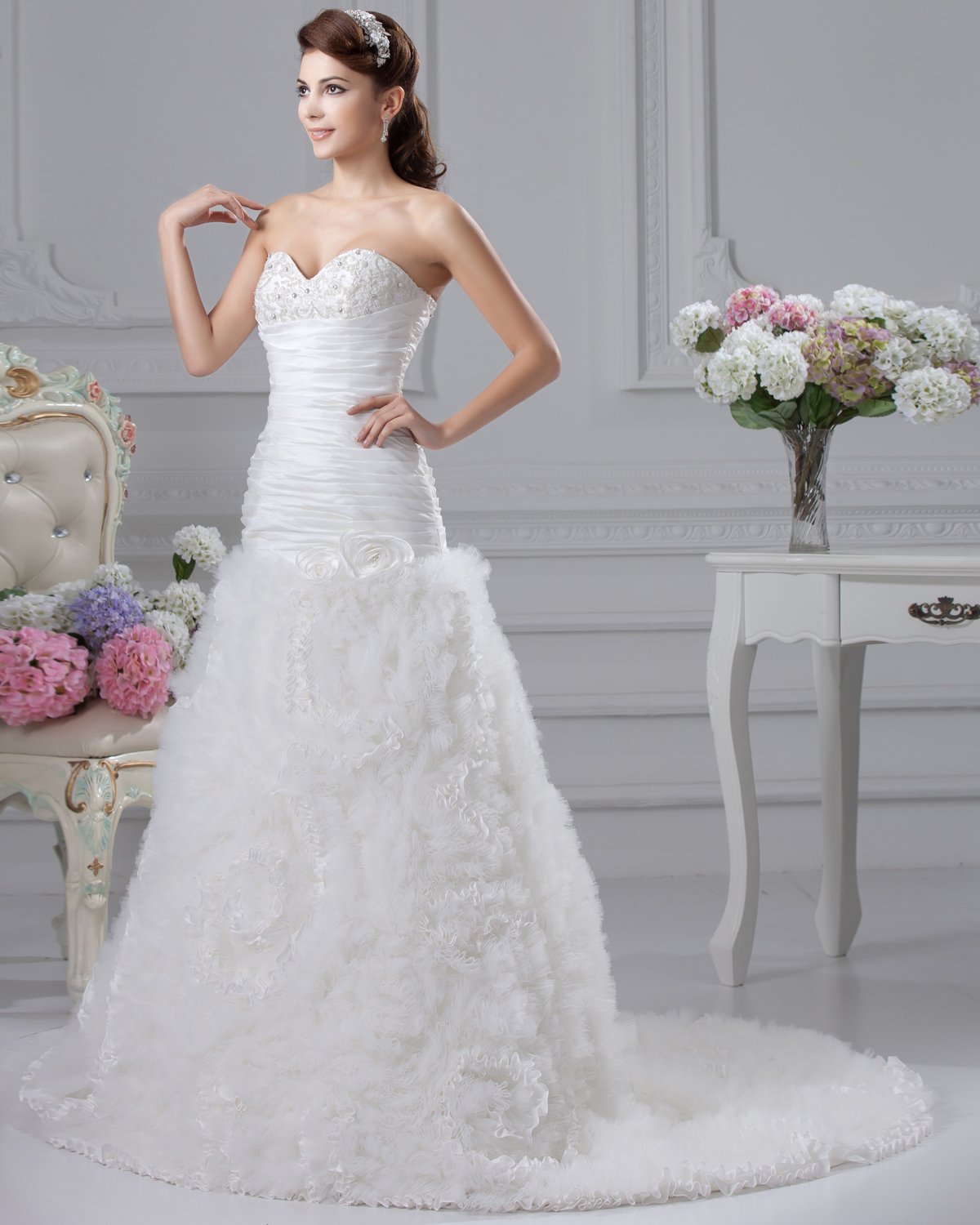 Flower Ruffle Sweetheart Court Empire Bridal Gown Wedding Dress