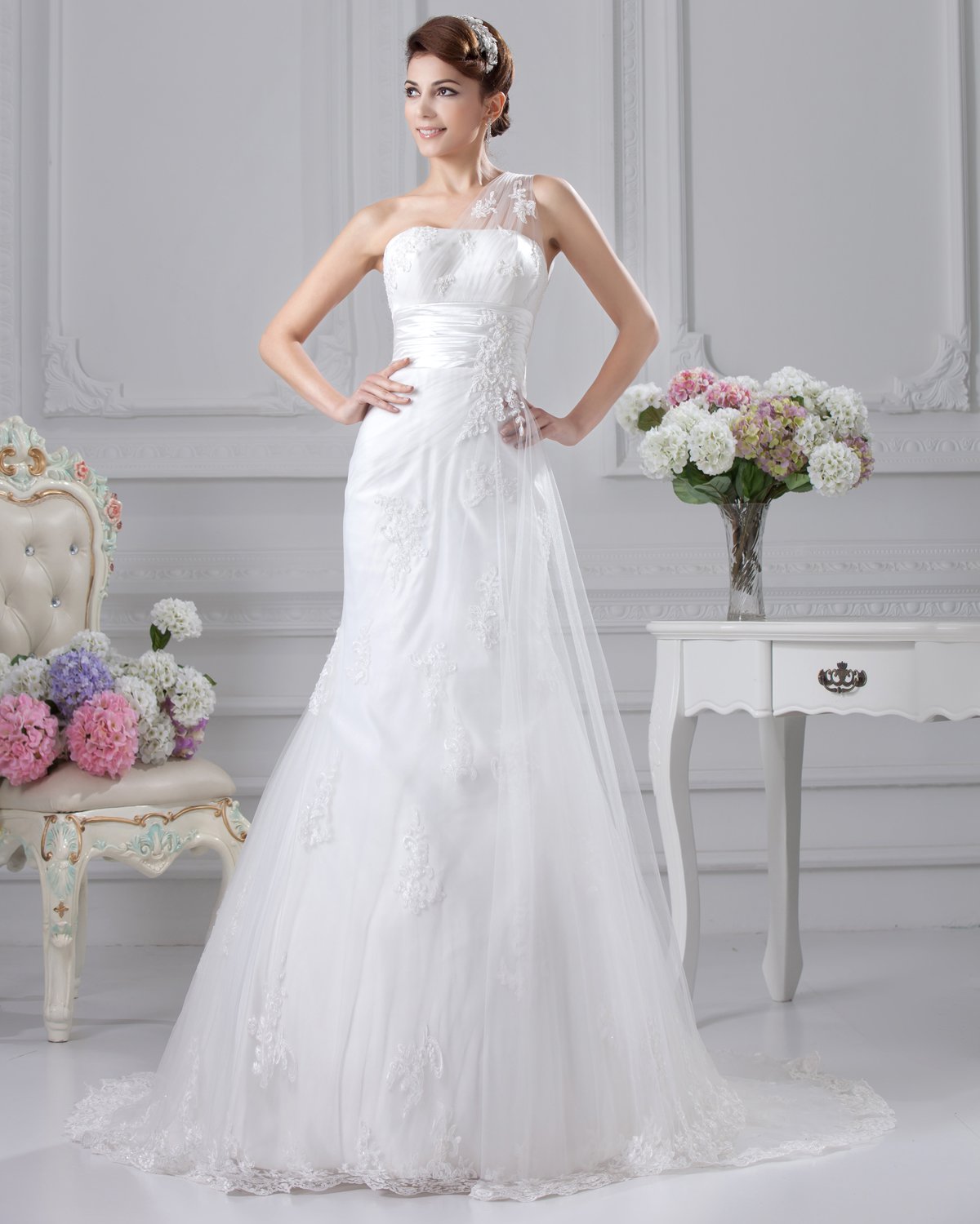One Shoulder Floor Length Applique Pleated Satin Women Empire Wedding Dress