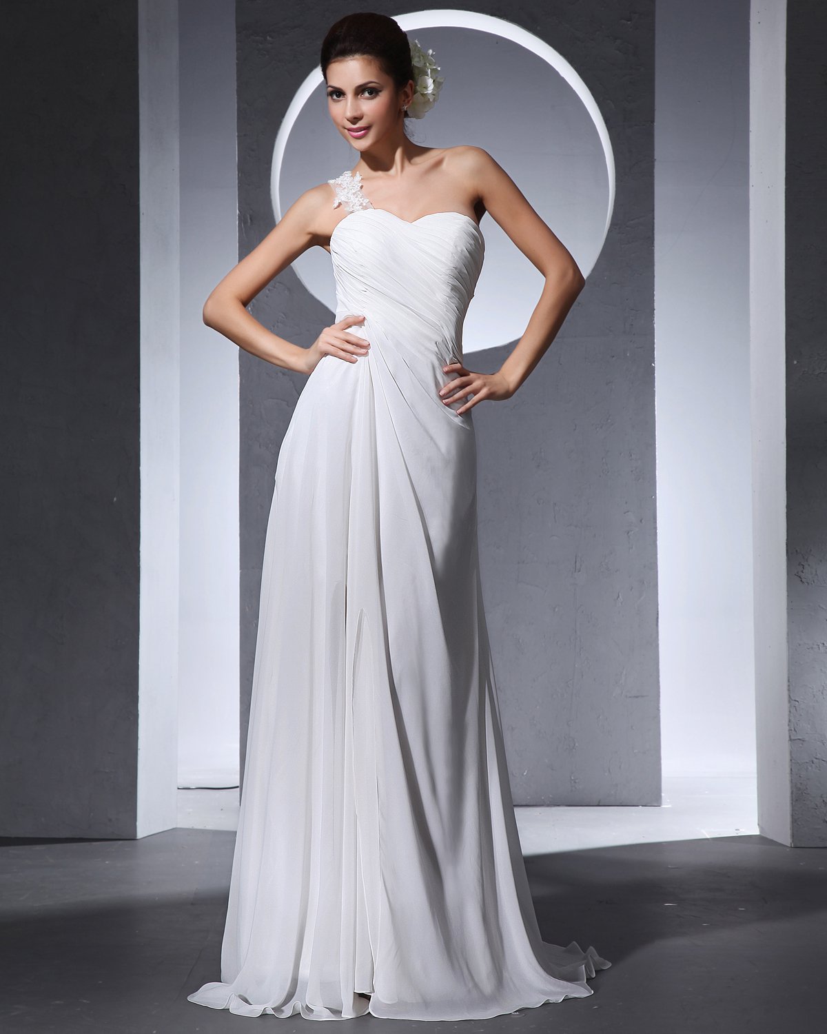One Shoulder Pleated Floor Length Chiffon Woman Empire Wedding Dress