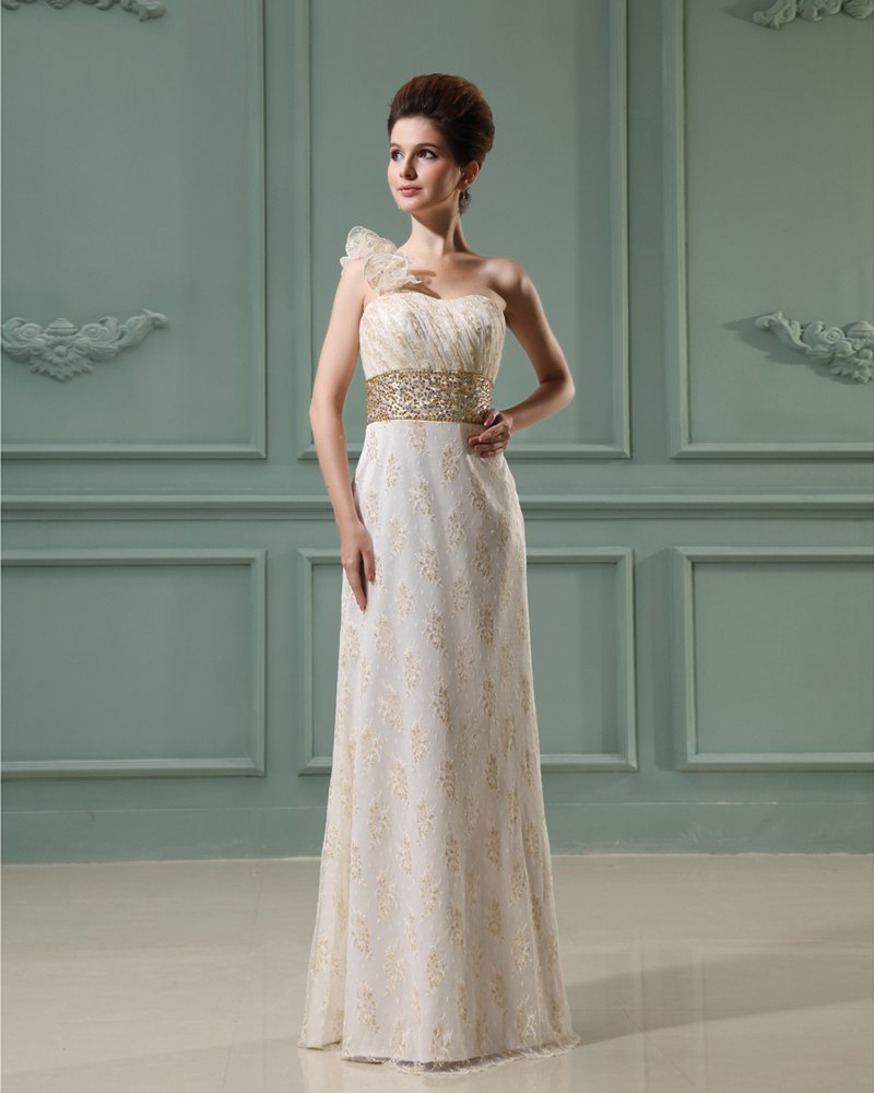 One Shoulder Sleeveless Zipper Pleated Flower Printed Floor Length Lace Woman Empire Wedding Dress